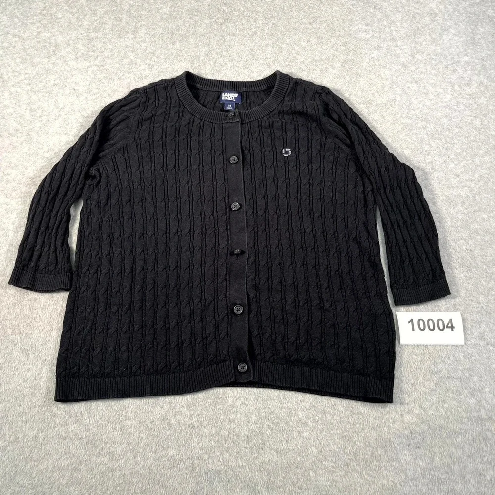 Lands' End Cardigan Sweater Kids M (10-12) Black Cable Knit Cotton Button Front